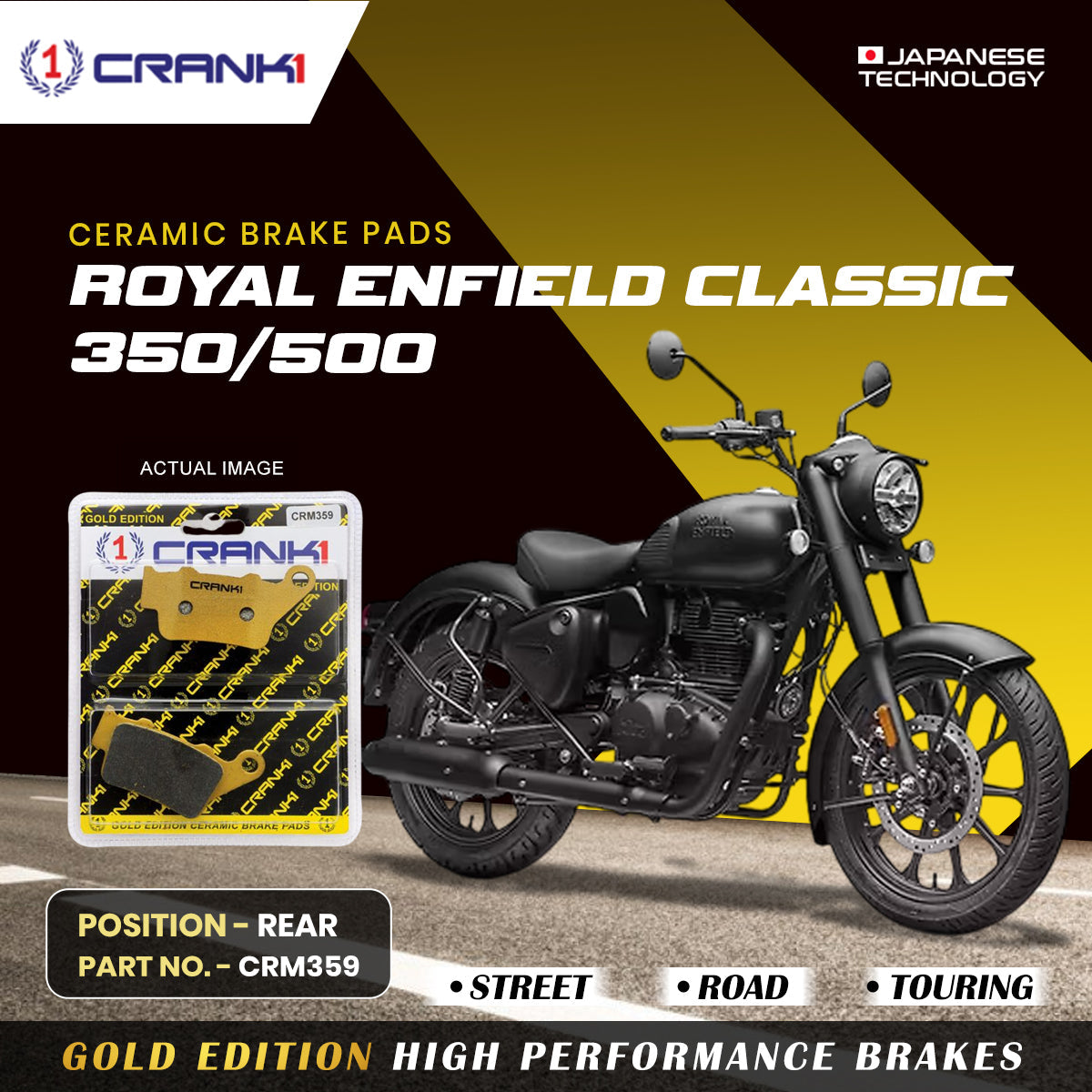 Crank1 Ceramic Brake Pads For Royal Enfield Classic 350/500 - Rear - CRM359