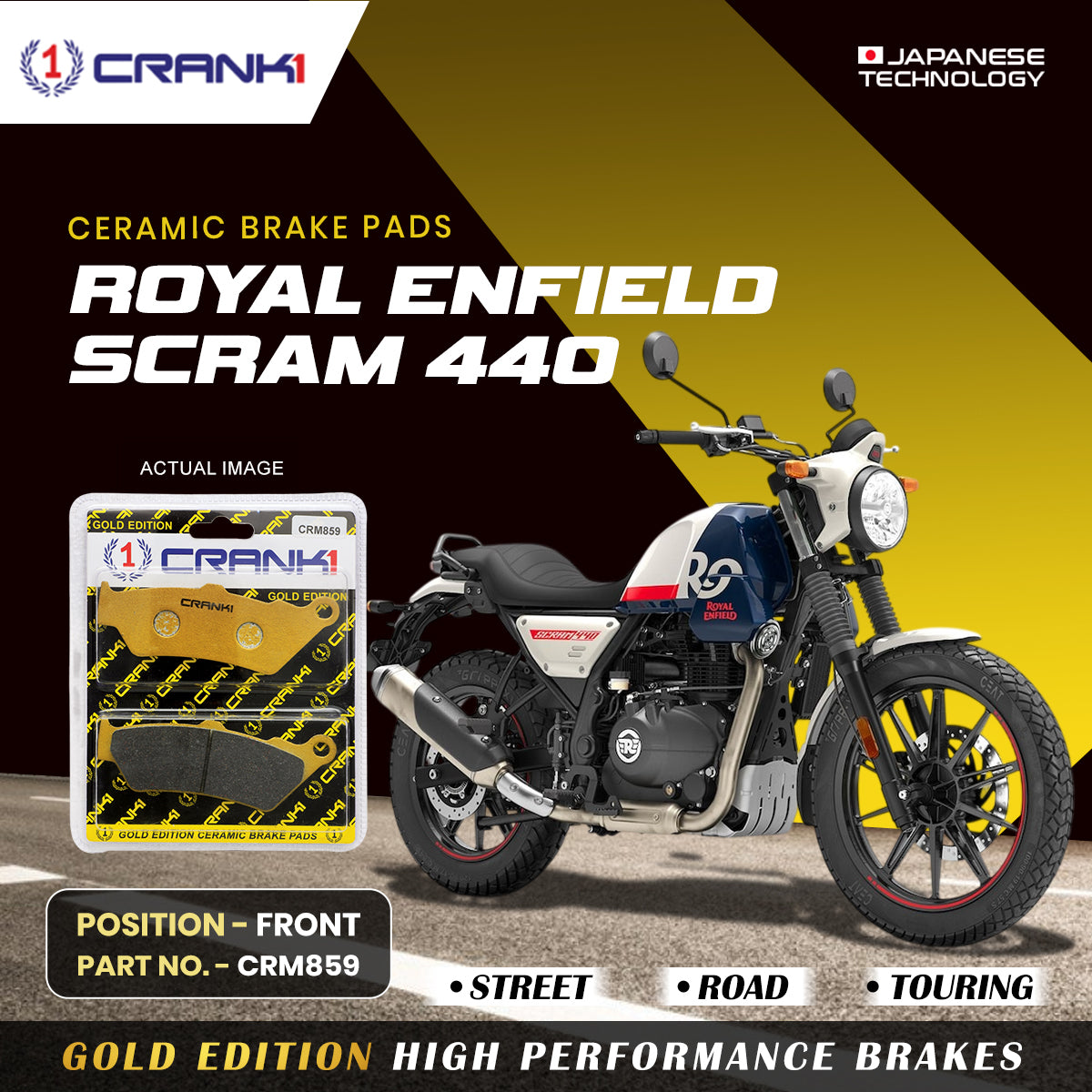 Crank1 Ceramic Brake Pads For Royal Enfield Scram 440 - Front - CRM859 - 1 Set