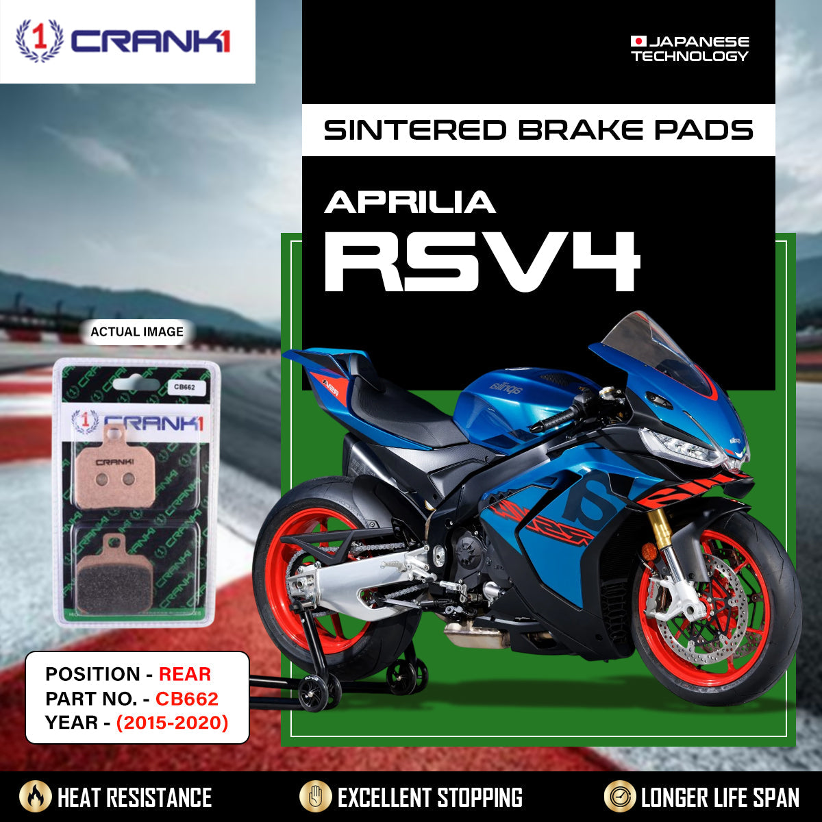 Crank1 Sintered Brake Pads For Aprilia RSV4 (2015-2020) - Rear - CB662