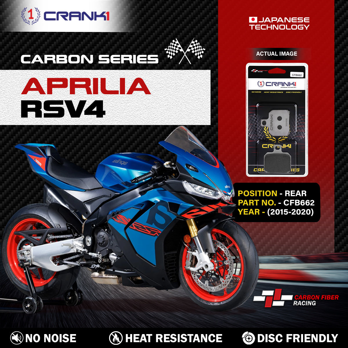 Crank1 Carbon Brake Pads For Aprilia RSV4 (2015-2020) - Rear - CFB662
