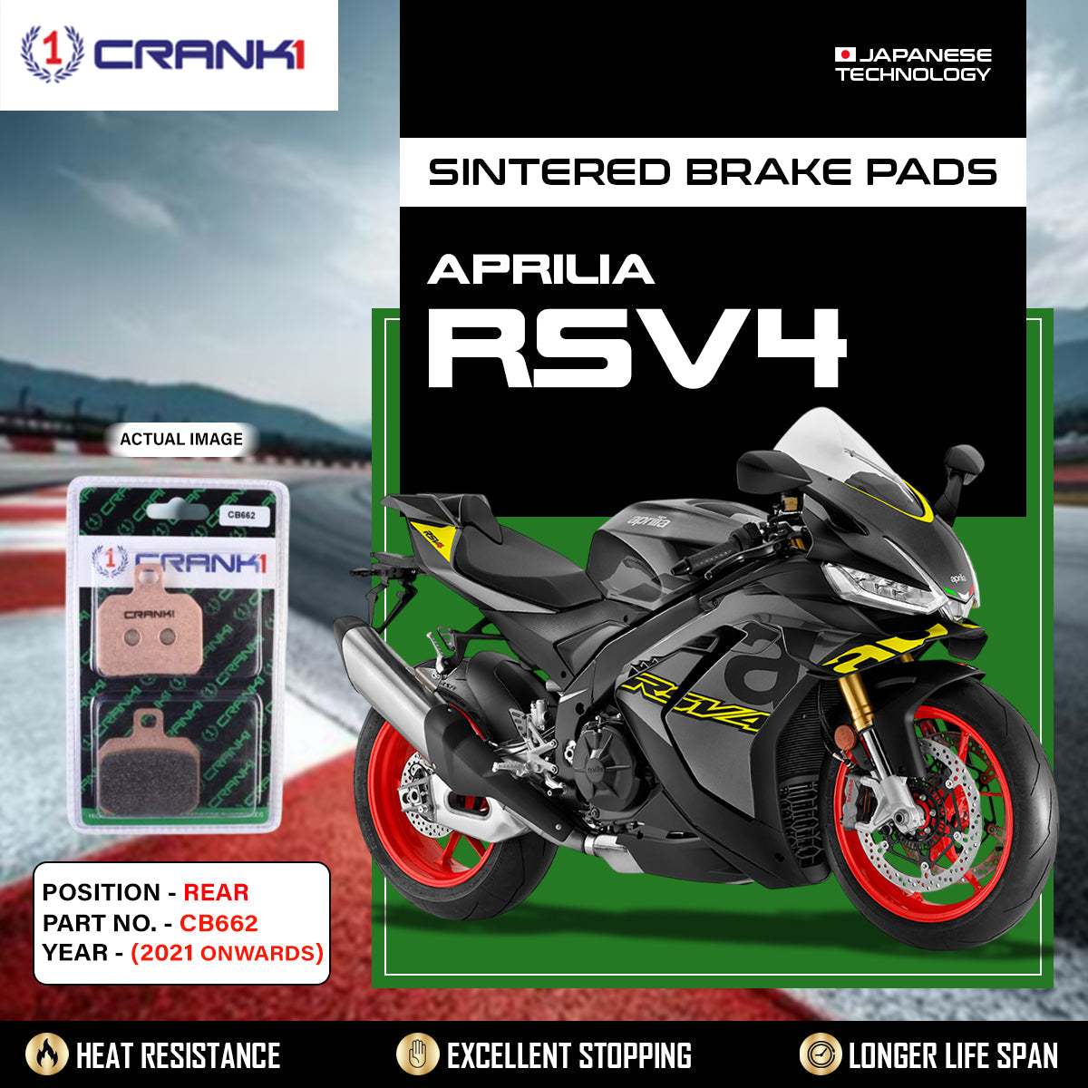 Crank1 Sintered Brake Pads For Aprilia RSV4 (2021 Onwards) - Rear - CB662