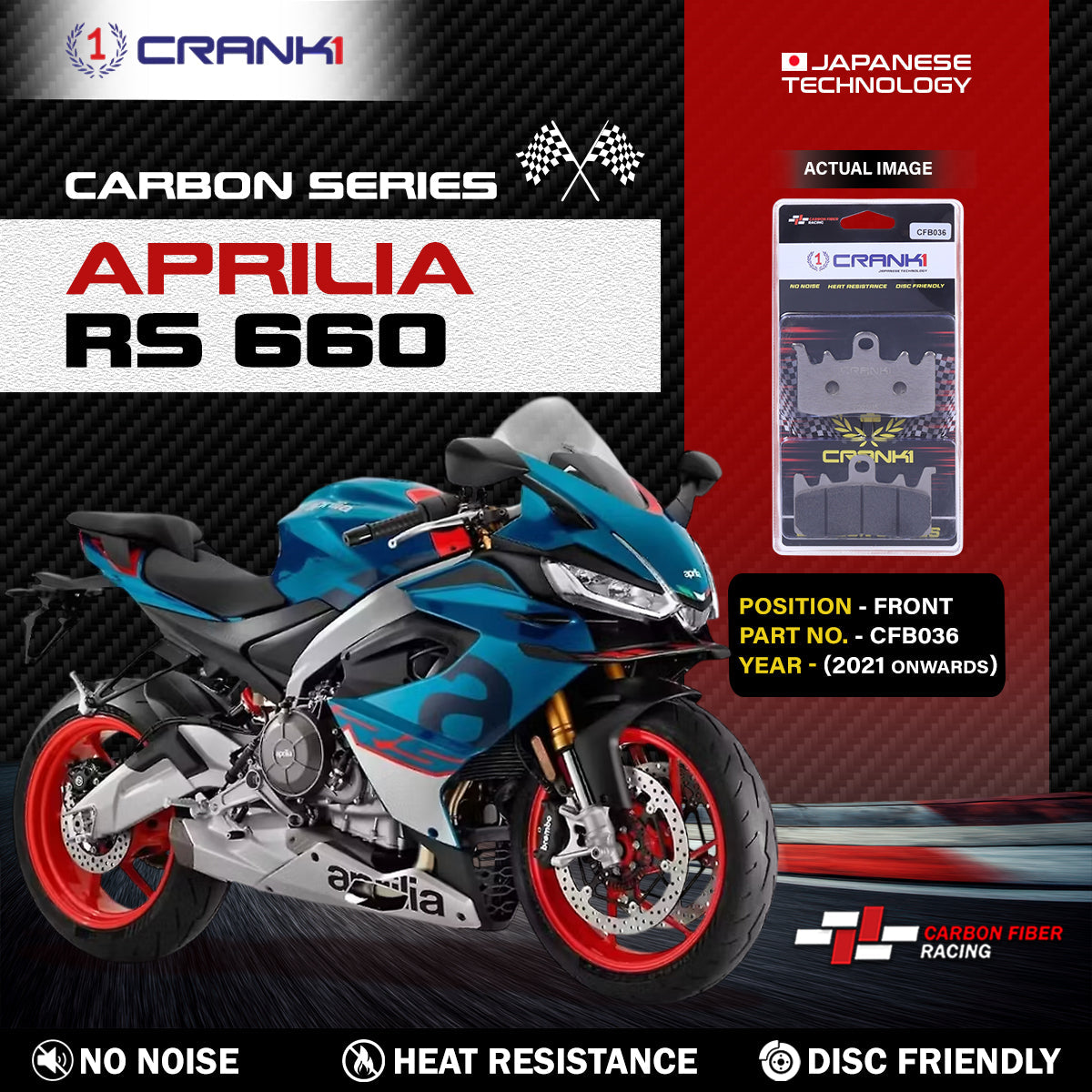 Crank1 Carbon Brake Pads For Aprilia RS 660 (2021 Onwards) - Front - CFB036 - 2 Sets