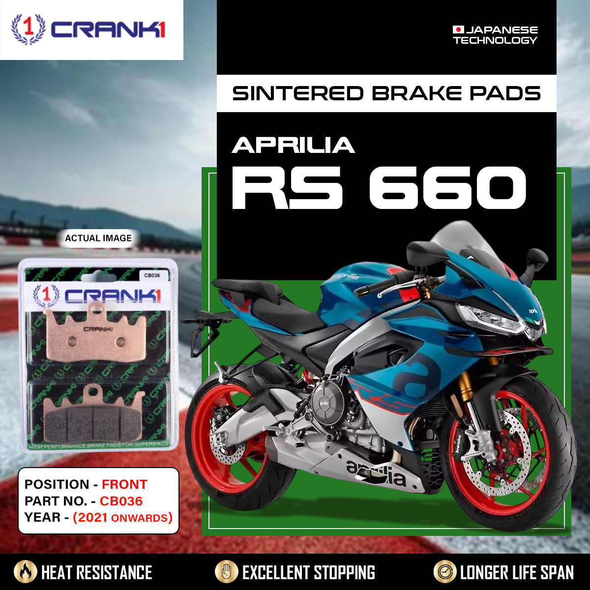 Crank1 Sintered Brake Pads For Aprilia RS 660 (2021 Onwards) - Front - CB036 - 2 Sets