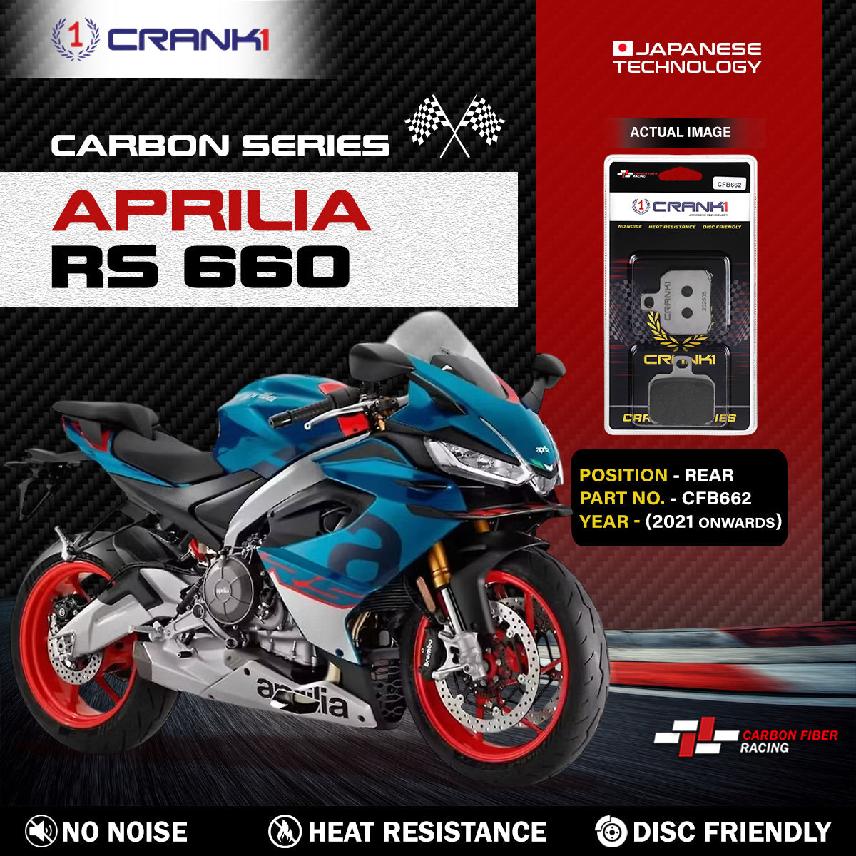 Crank1 Carbon Brake Pads For Aprilia RS 660 (2021 Onwards) - Rear - CFB662