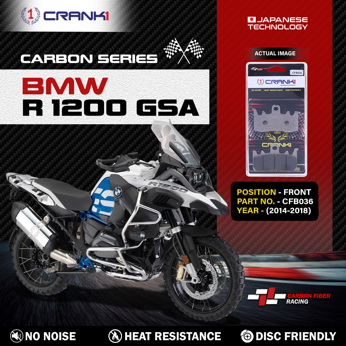 Crank1 Carbon Brake Pads For BMW R 1200 GSA (2014-2018) - Front - CFB036 - 2 Sets