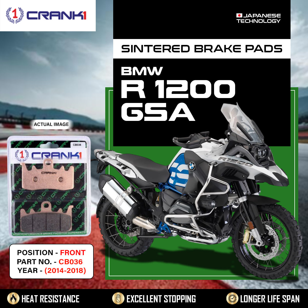 Crank1 Sintered Brake Pads For BMW R 1200 GSA (2014-2018) - Front - CB036 - 2 Sets