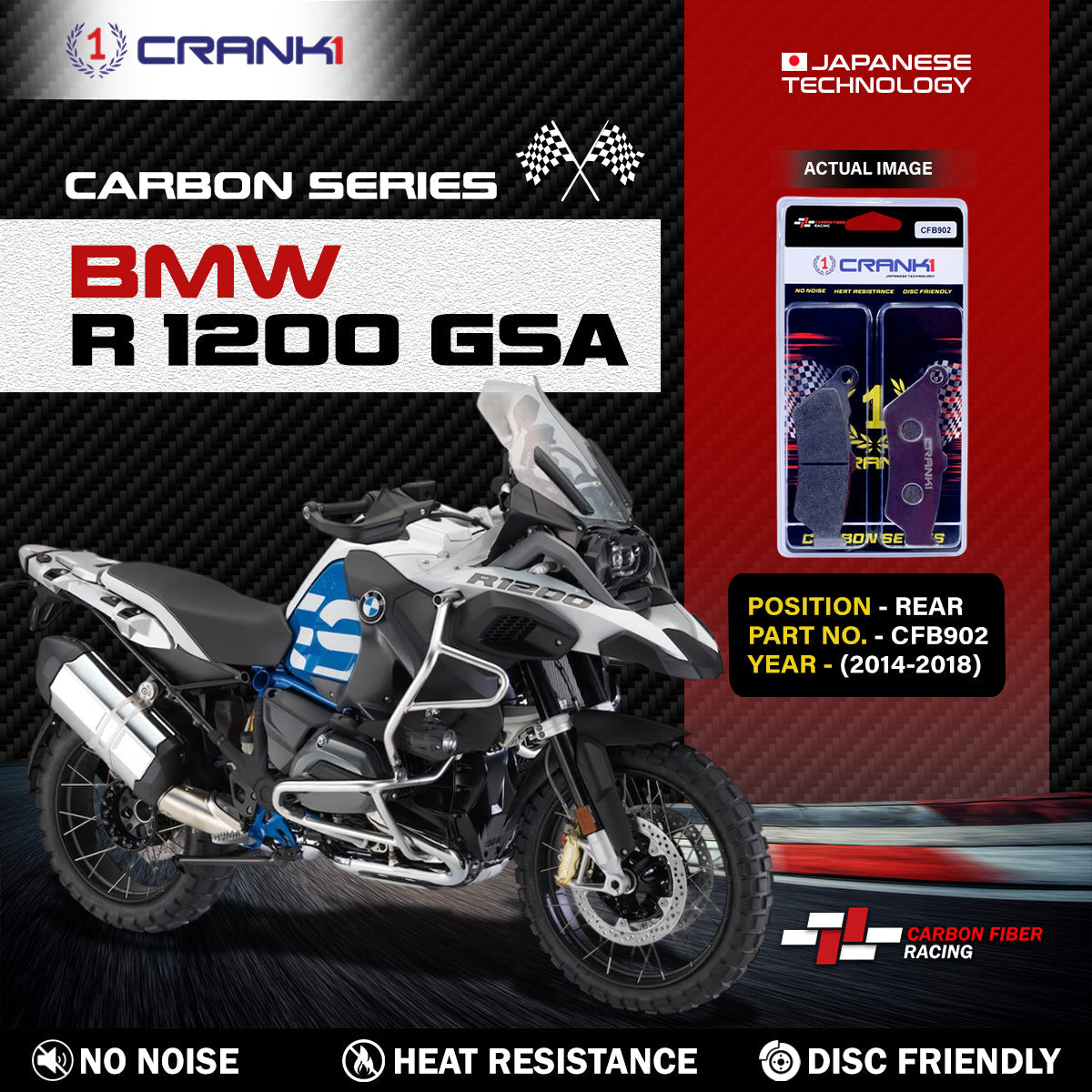Crank1 Carbon Brake Pads For BMW R 1200 GSA (2014-2018) - Rear - CFB902
