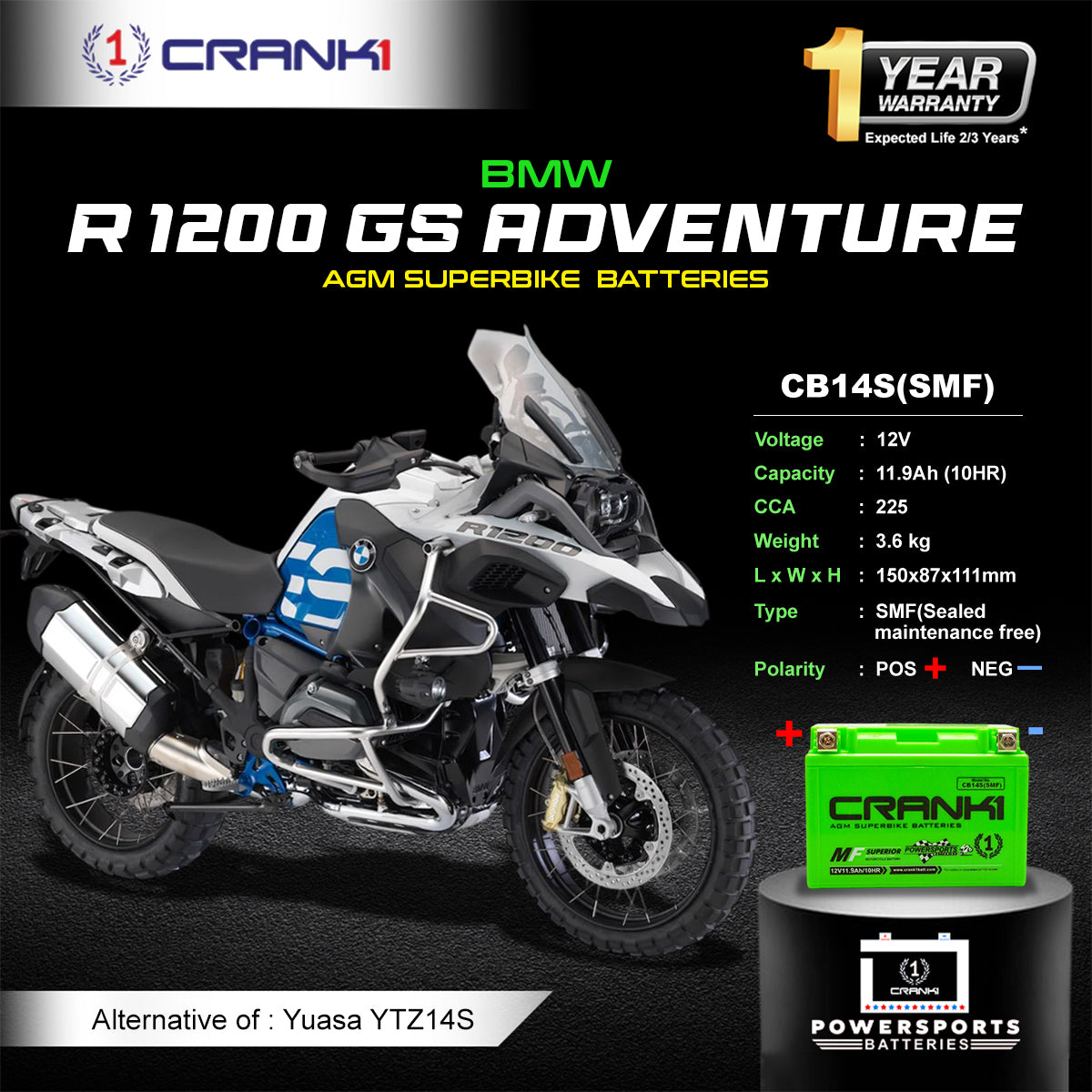Crank1 Battery For BMW R 1200 GS Adventure (2008-2022) - CB14S - Factory Activated