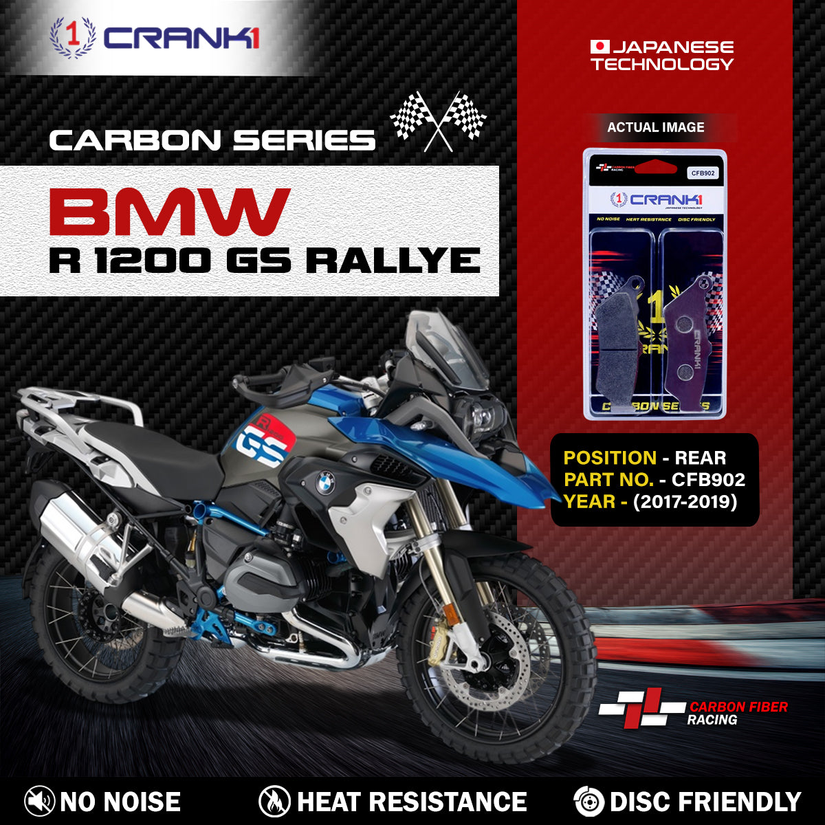 Crank1 Carbon Brake Pads For BMW R 1200 GS Rallye (2017-2019) - Rear - CFB902