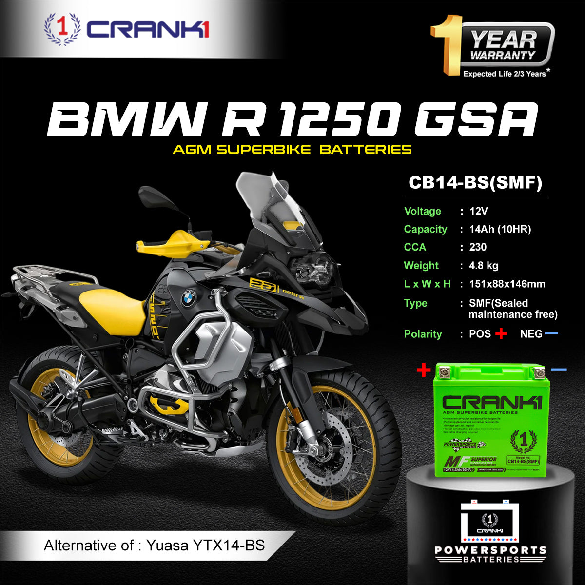 Crank1 Battery For BMW R 1250 GSA - CB14-BS - Factory Activated