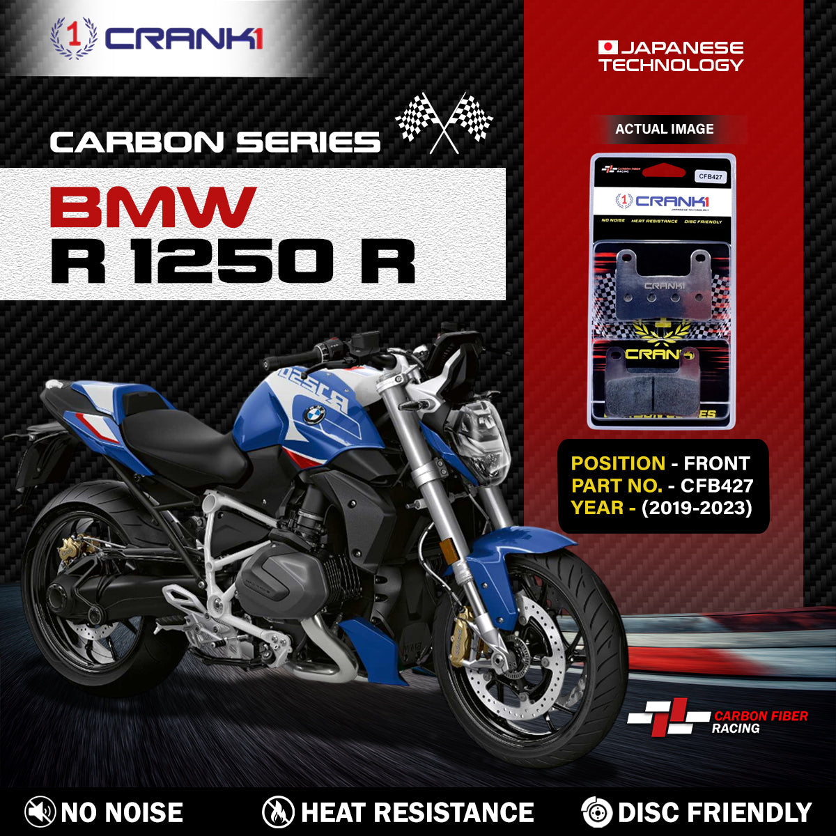 Crank1 Carbon Brake Pads For BMW R 1250 R (2019-2023) - Front - CFB427 - 2 Sets
