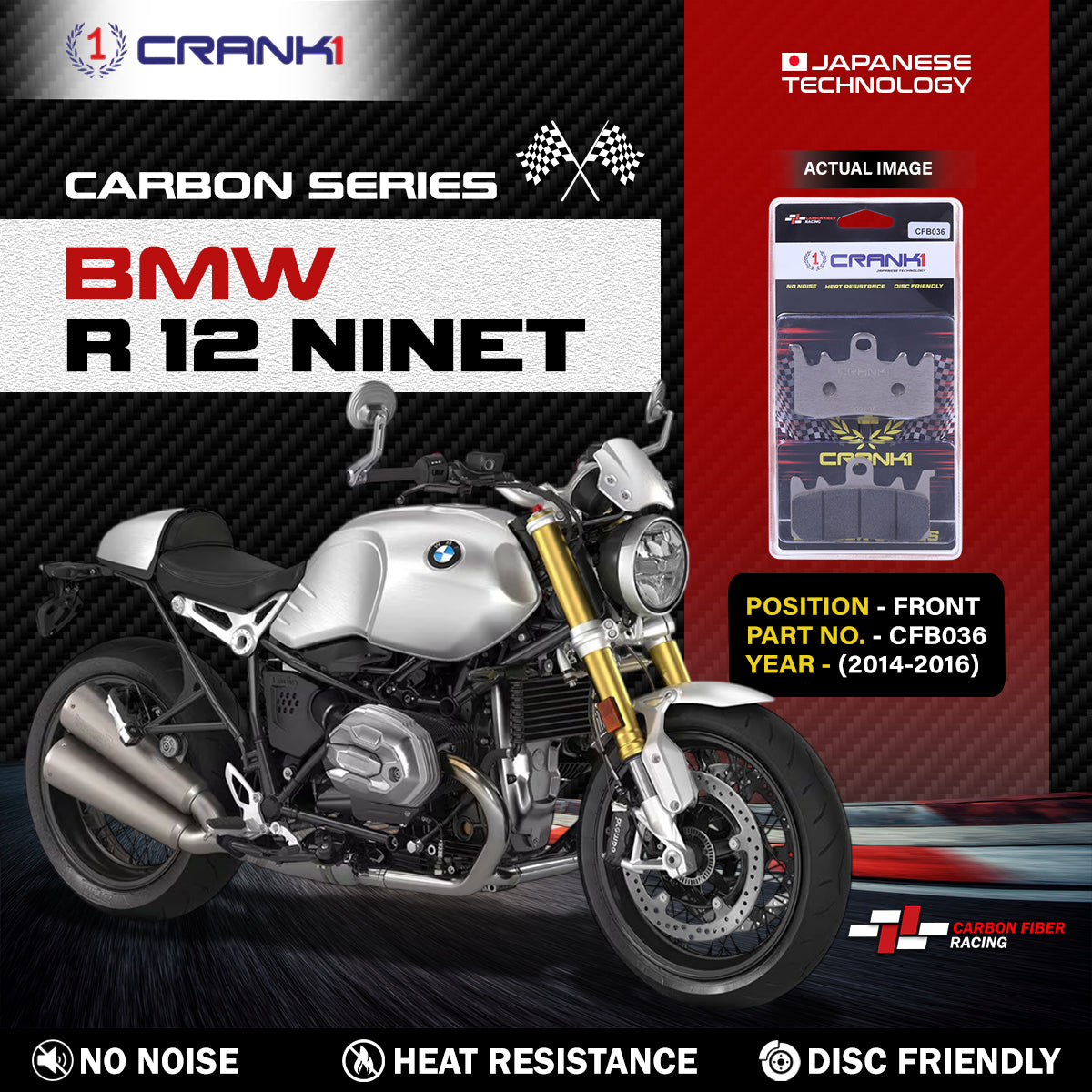 Crank1 Carbon Brake Pads For BMW R 12 nineT (2014-2016) - Front - CFB036 - 2 Sets