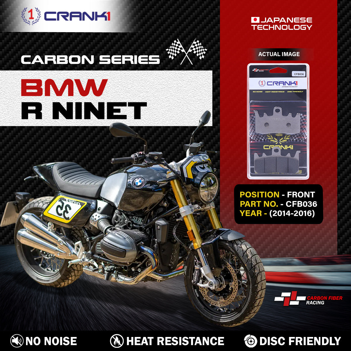Crank1 Carbon Brake Pads For BMW R nineT (2014-2016) - Front - CFB036 - 2 Sets