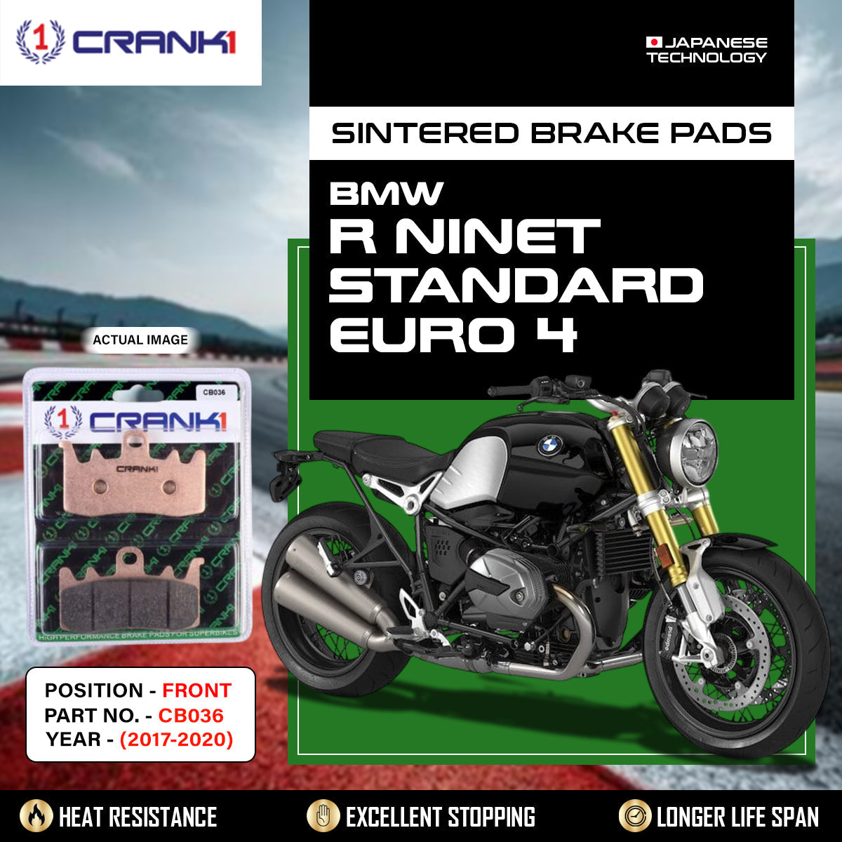 Crank1 Sintered Brake Pads For BMW R nineT Standard  Euro 4 (2017-2020) - Front - CB036 - 2 Sets