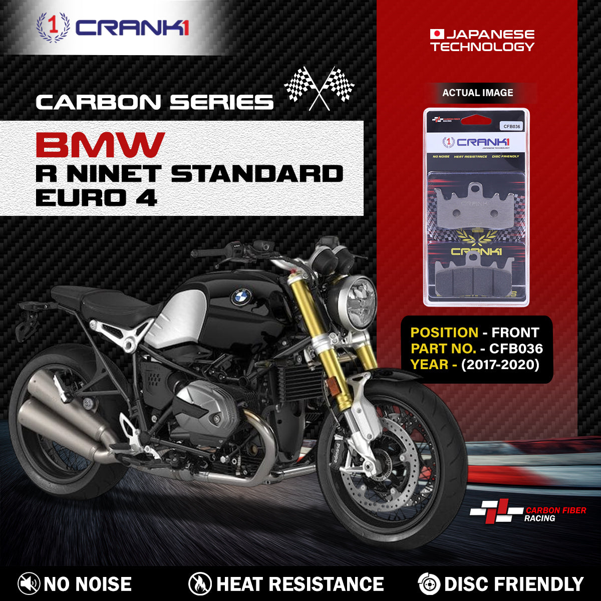 Crank1 Carbon Brake Pads For BMW R nineT Standard  Euro 4 (2017-2020) - Front - CFB036 - 2 Sets