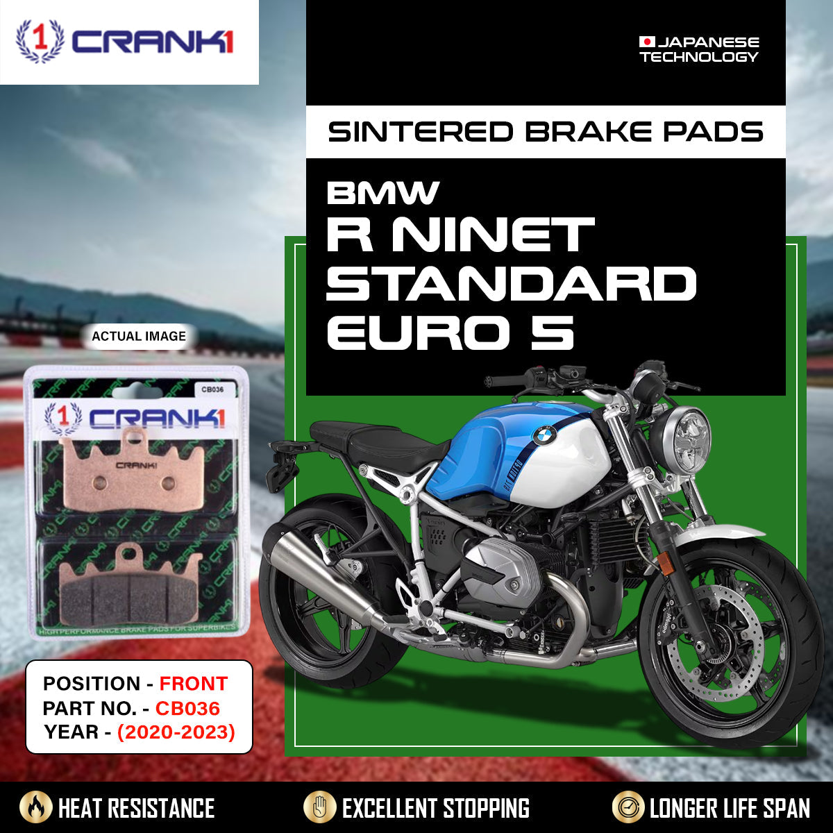 Crank1 Sintered Brake Pads For BMW R nineT Standard Euro 5 (2020-2023) - Front - CB036 - 2 Sets