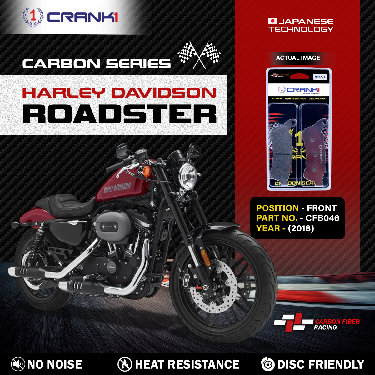 Crank1 Carbon Brake Pads For Harley Davidson Roadster (2018) - Front - CFB046 - 2 Sets