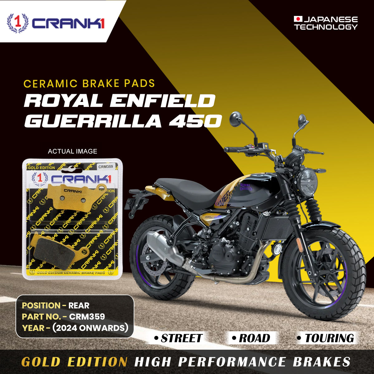Crank1 Ceramic Brake Pads For Royal Enfield Guerrilla 450 (2024 Onwards) - Rear - CRM359