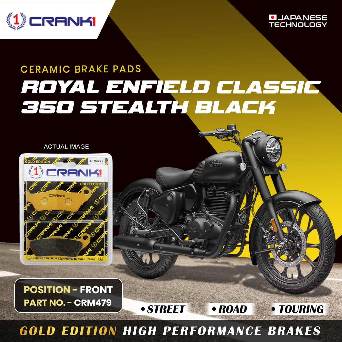 Crank1 Ceramic Brake Pads For Royal Enfield Classic 350 Stealth Black - Front - CRM479