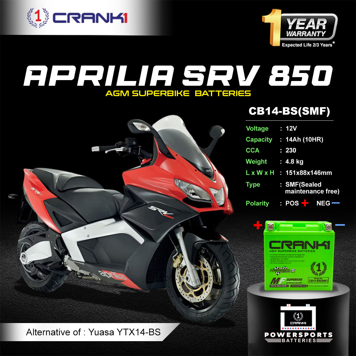 Crank1 Battery For Aprilia SRV 850 (2015-2023) - CB14-BS - Factory Activated