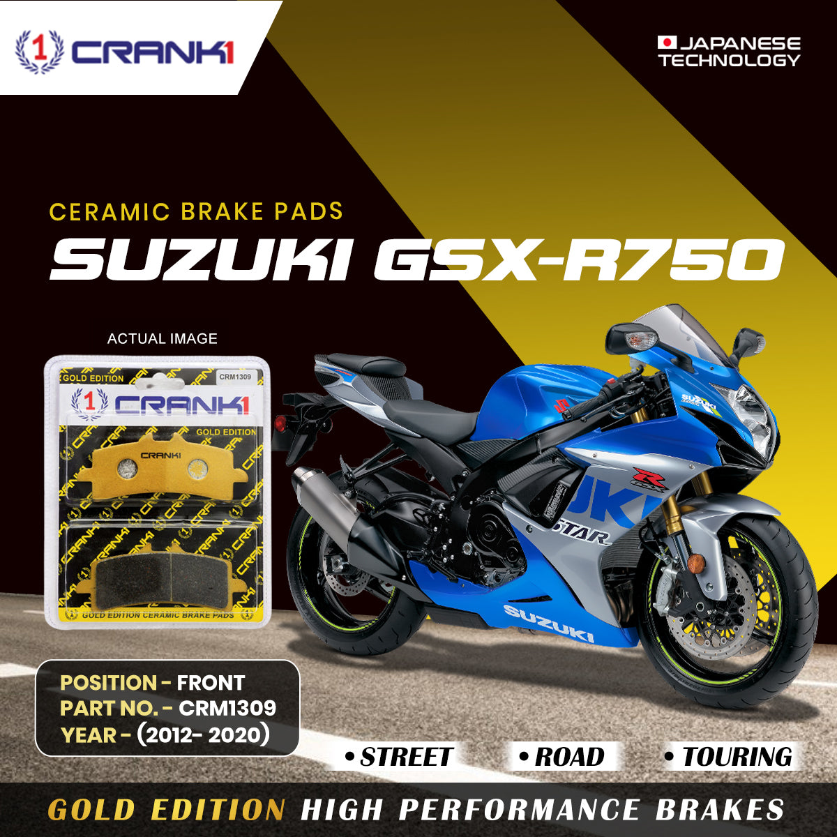Crank1 Ceramic Brake Pads For Suzuki GSX-R750 (2012-2020) - Front - CRM1309 - 2 Sets