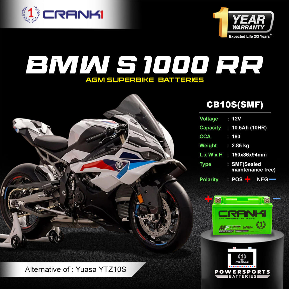 Crank1 Battery For BMW S 1000 RR (2010-2025) - CB10S - Factory Activated