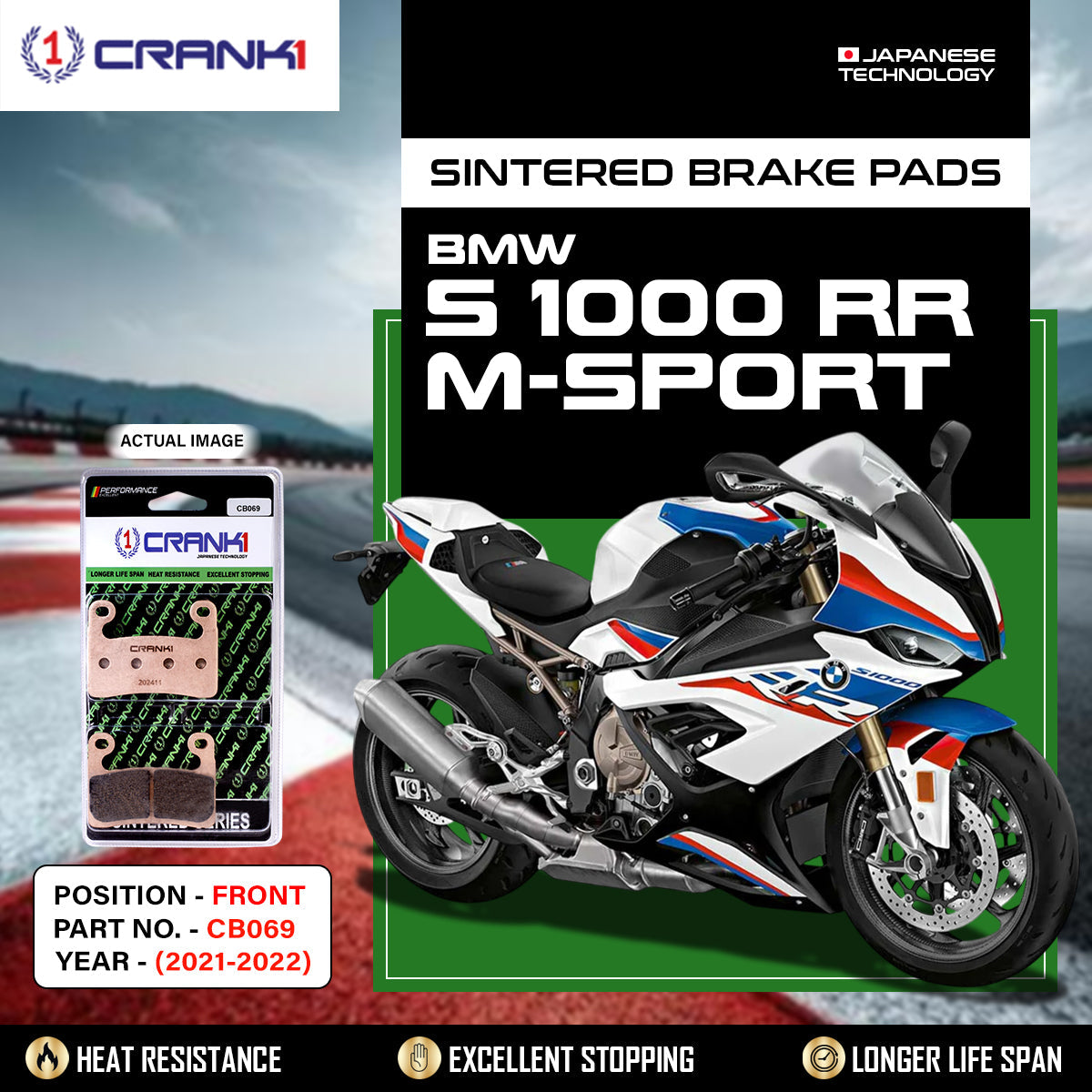Crank1 Sintered Brake Pads For BMW S 1000 RR M-Sport (2021-2022) - Front - CB069 - 2 Sets Required
