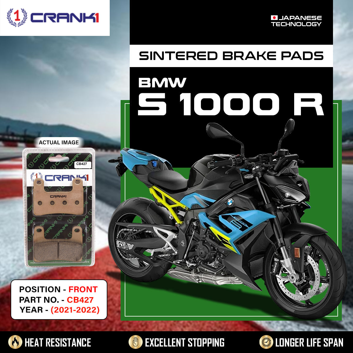 Crank1 Sintered Brake Pads For BMW S 1000 R (2021-2022) - Front - CB427 - 2 Sets Required