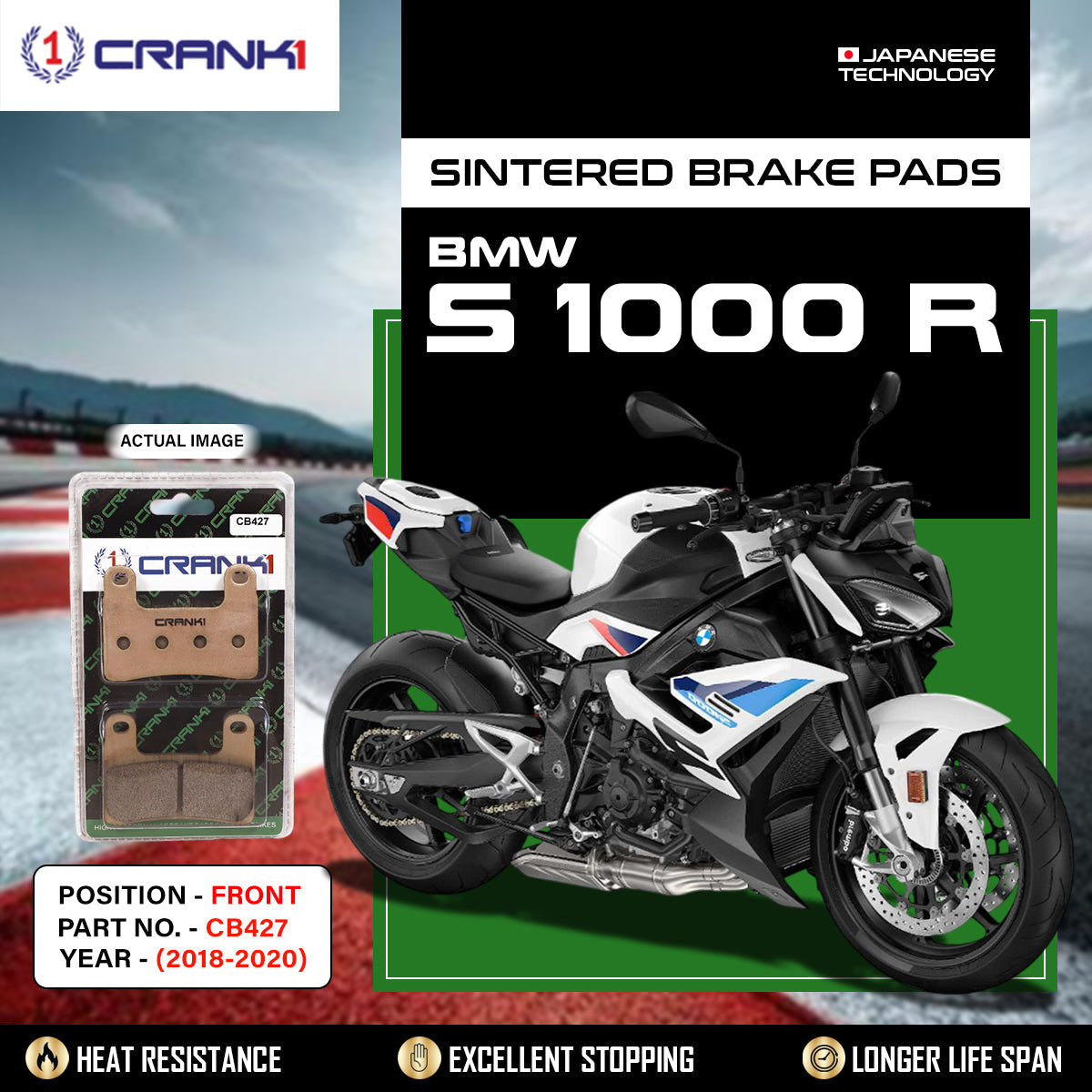 Crank1 Sintered Brake Pads For BMW S 1000 R (2018-2020) - Front - CB427 - 2 Sets Required