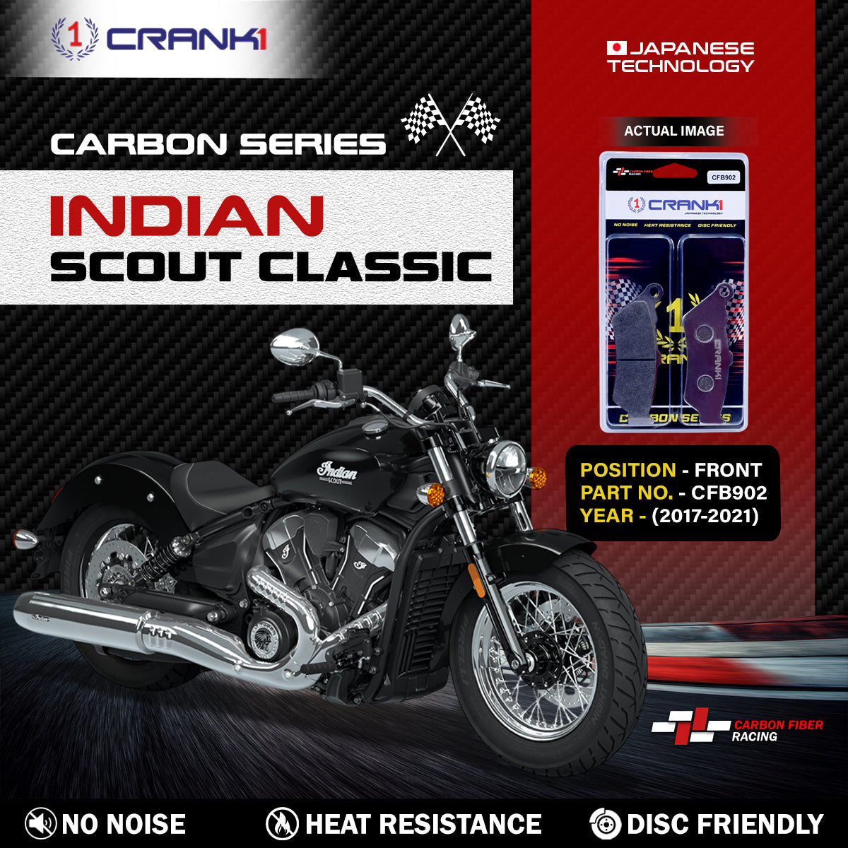 Crank1 Carbon Brake Pads For Indian Scout (2017-2021) - Front - CFB902