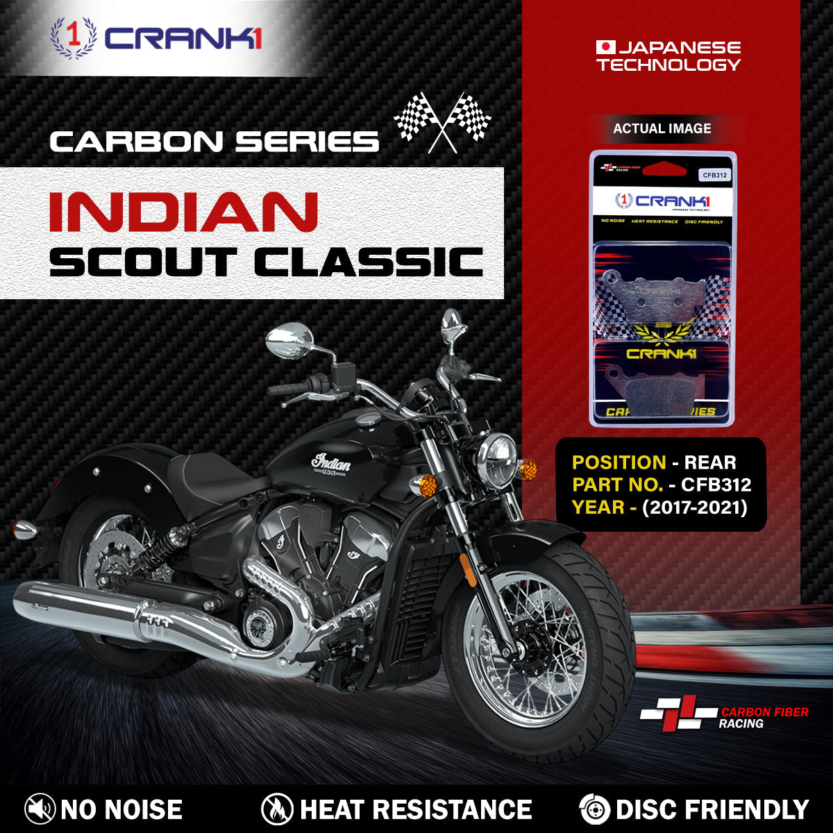 Crank1 Carbon Brake Pads For Indian Scout (2017-2021) - Rear - CFB312