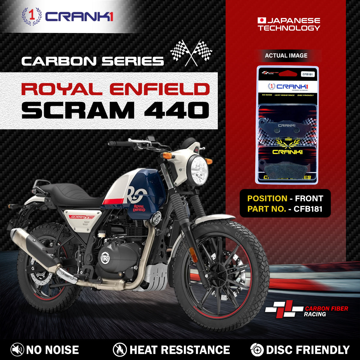 Crank1 Carbon Brake Pads For Royal Enfield Scram 440 - Front - CFB181