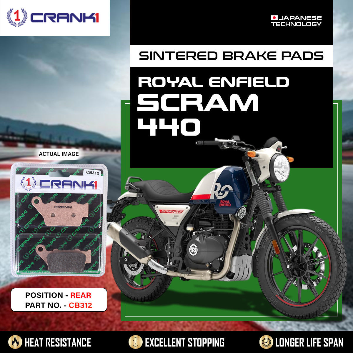 Crank1 Sintered Brake Pads For Royal Enfield Scram 440 - Rear - CB312