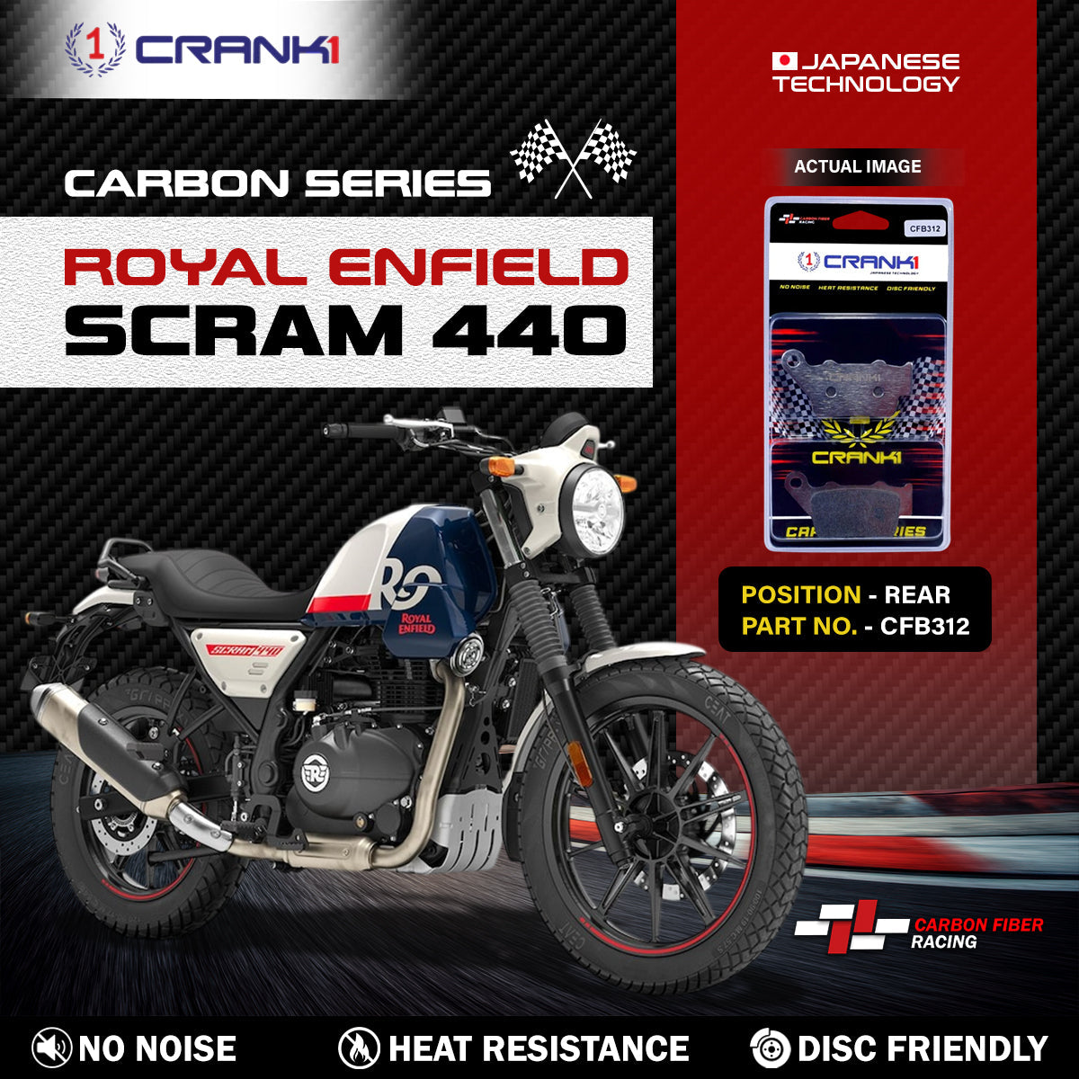 Crank1 Carbon Brake Pads For Royal Enfield Scram 440 - Rear - CFB312