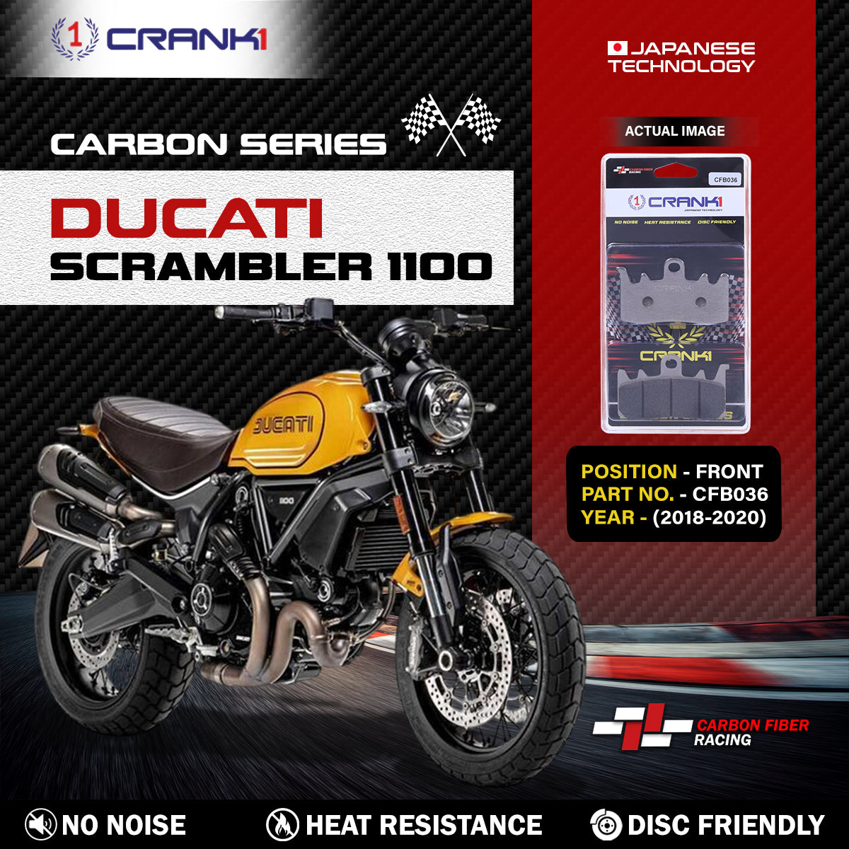 Crank1 Carbon Brake Pads For Ducati Scrambler 1100 (2018-2020) - Front - CFB036 - 2 Sets
