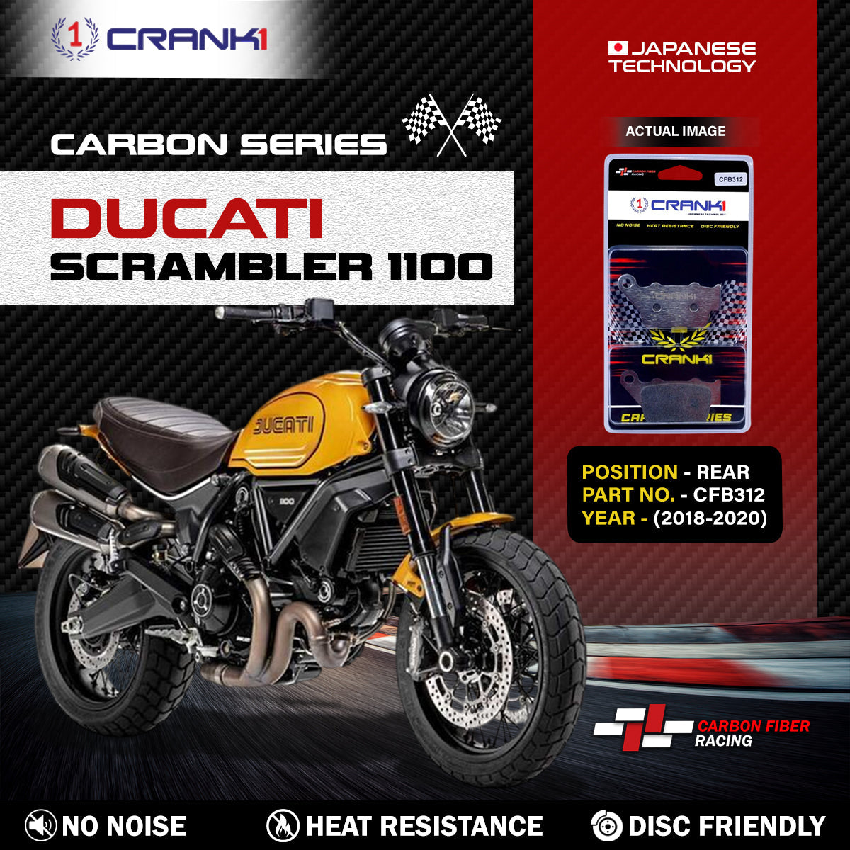 Crank1 Carbon Brake Pads For Ducati Scrambler 1100 (2018-2020) - Rear - CFB312