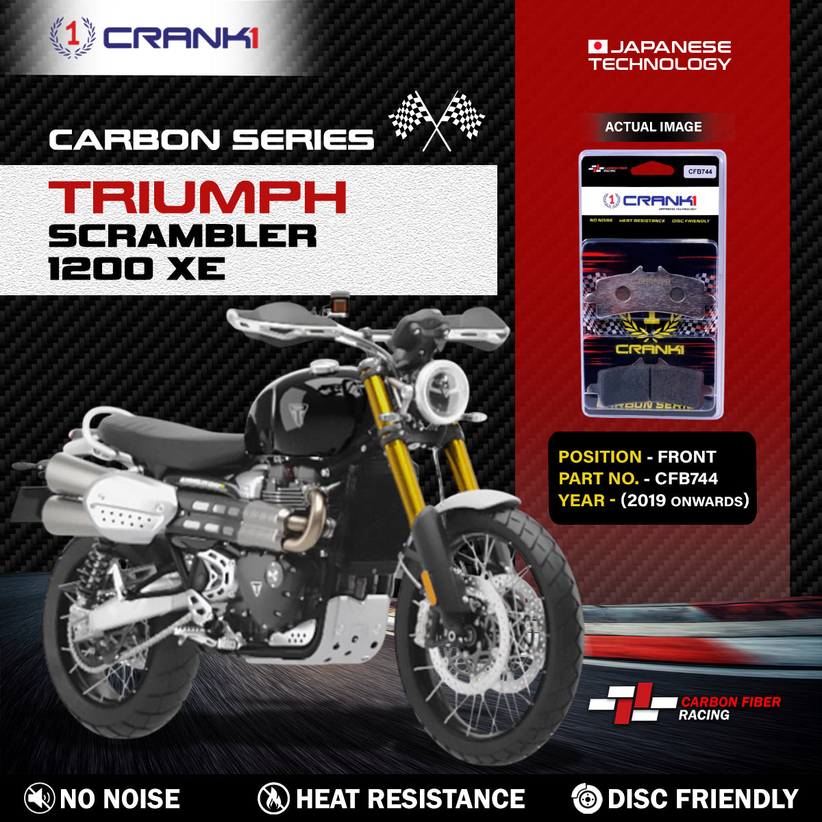 Crank1 Carbon Brake Pads For Triumph Scrambler 1200 XE (2019 Onwards) - Front - CFB744 - 2 Sets