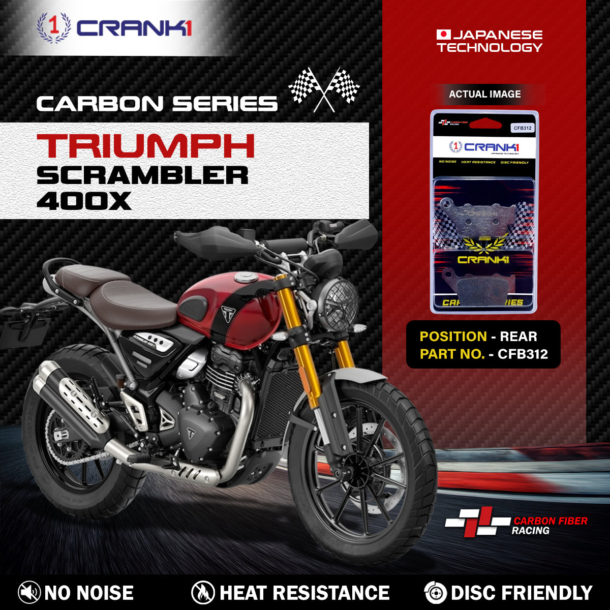 Crank1 Carbon Brake Pads For Triumph Scrambler 400X - Rear - CFB312