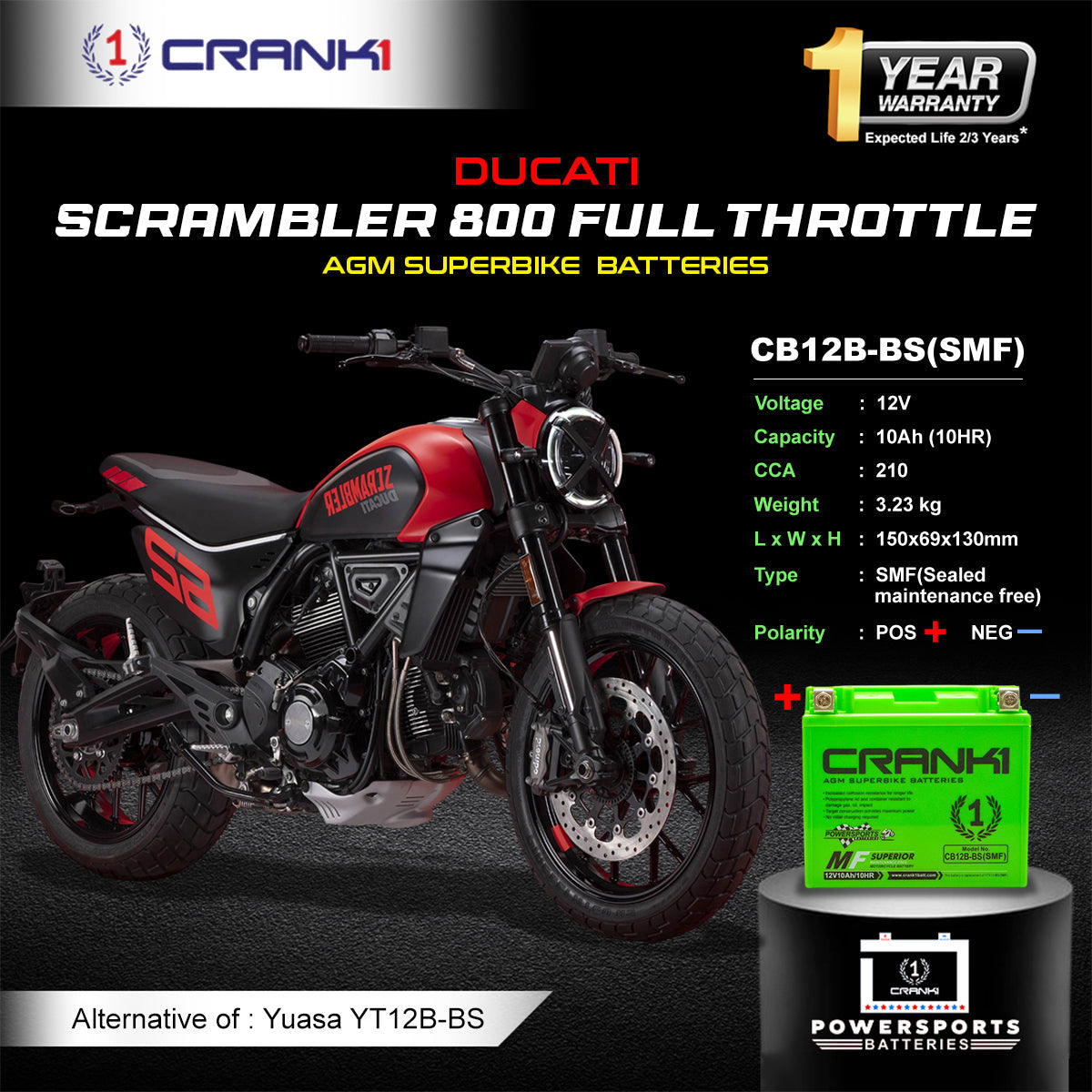 Crank1 Battery For Ducati Scrambler 800 Full Throttle (2015-2025) - CB12B-BS - Factory Activated