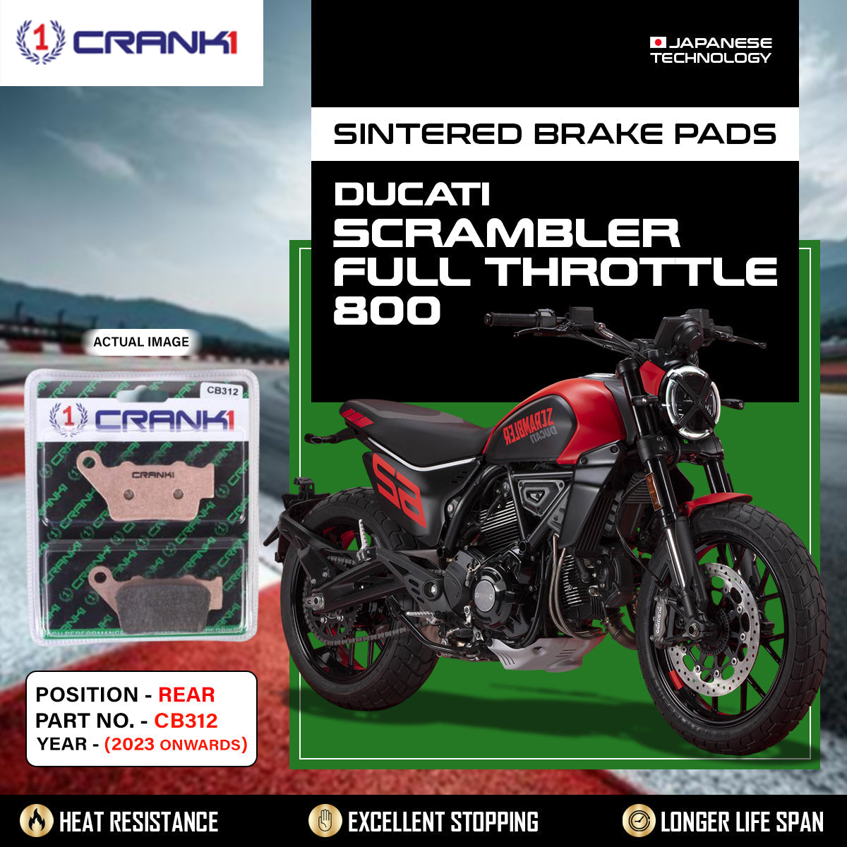 Crank1 Sintered Brake Pads For Ducati Scrambler Full Throttle 800 (2023 Onwards) - Rear - CB312