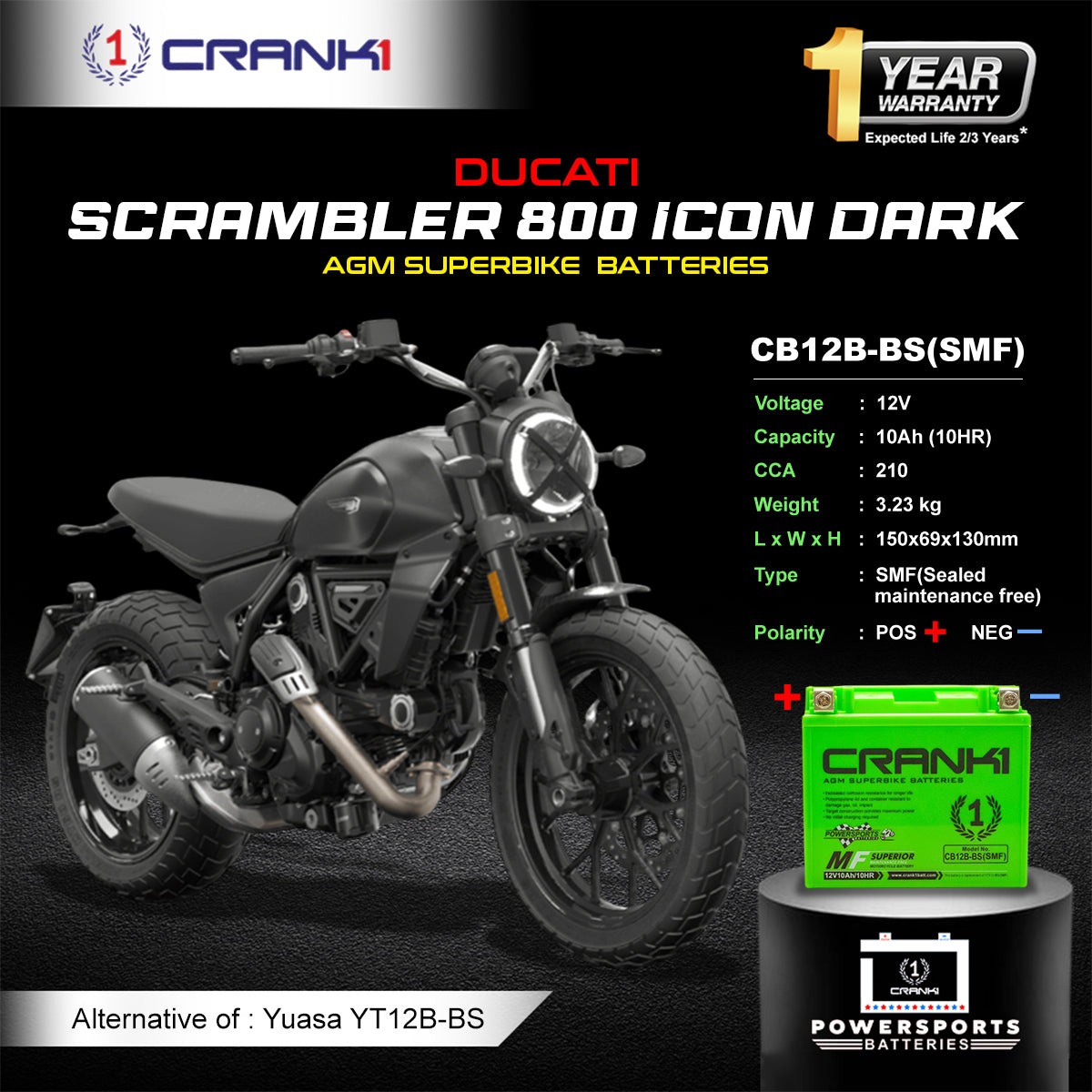 Crank1 Battery For Ducati Scrambler 800 Icon Dark (2015-2025) - CB12B-BS - Factory Activated