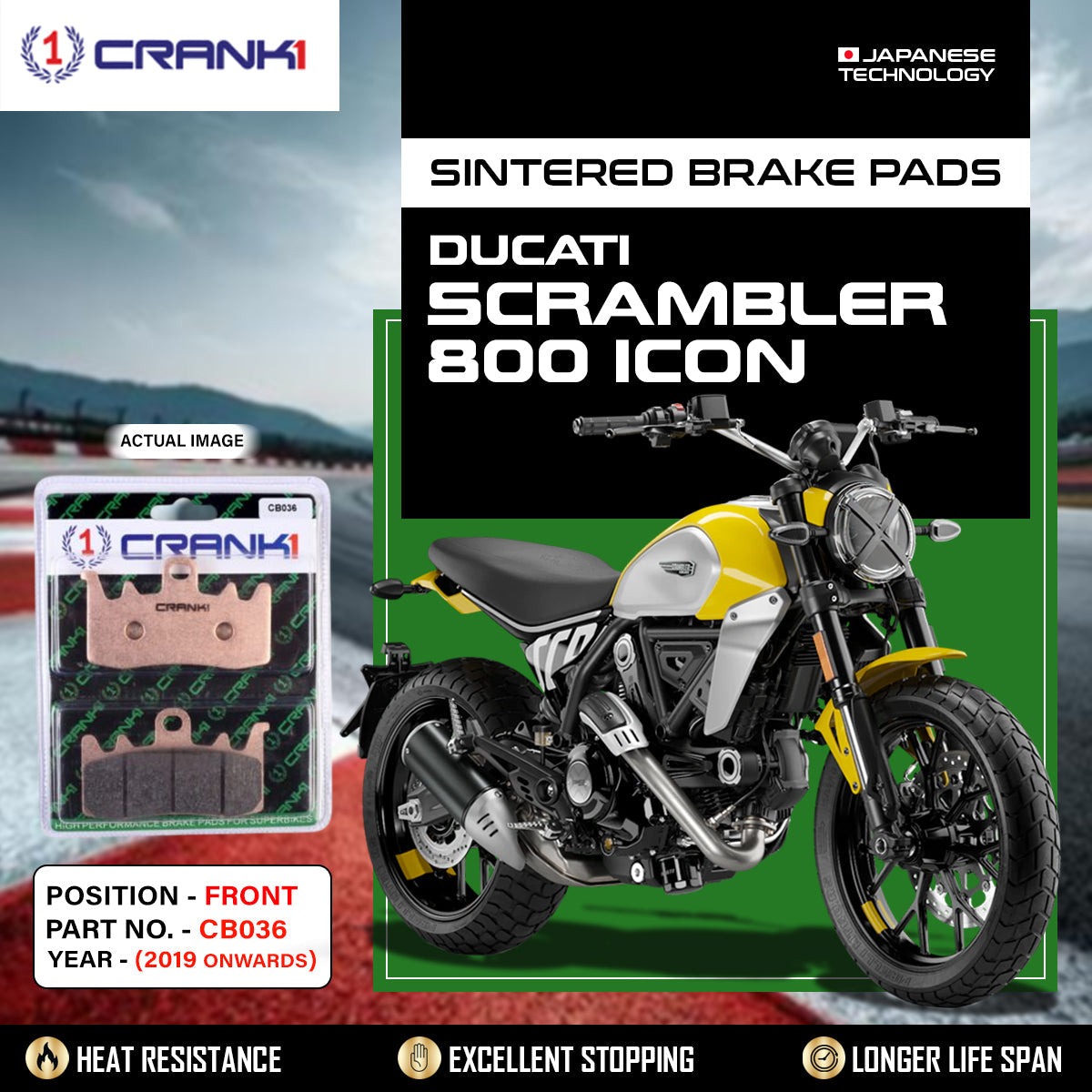 Crank1 Sintered Brake Pads For Ducati Scrambler 800 Icon (2023 Onwards) - Front - CB036 - 2 Sets