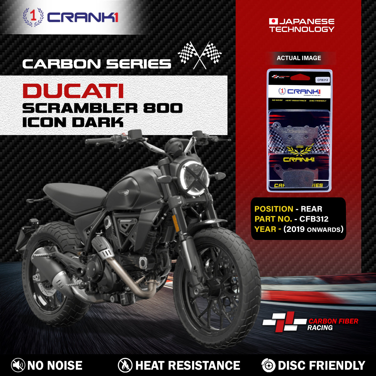 Crank1 Carbon Brake Pads For Ducati Scrambler 800 Icon Dark (2019 Onwards) - Rear - CFB312