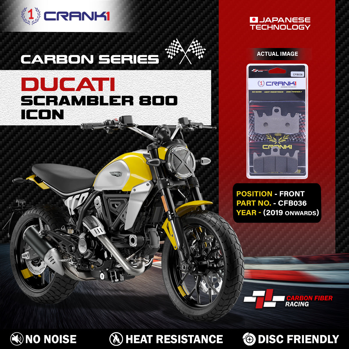Crank1 Carbon Brake Pads For Ducati Scrambler 800 Icon (2019 Onwards) - Front - CFB036 - 2 Sets