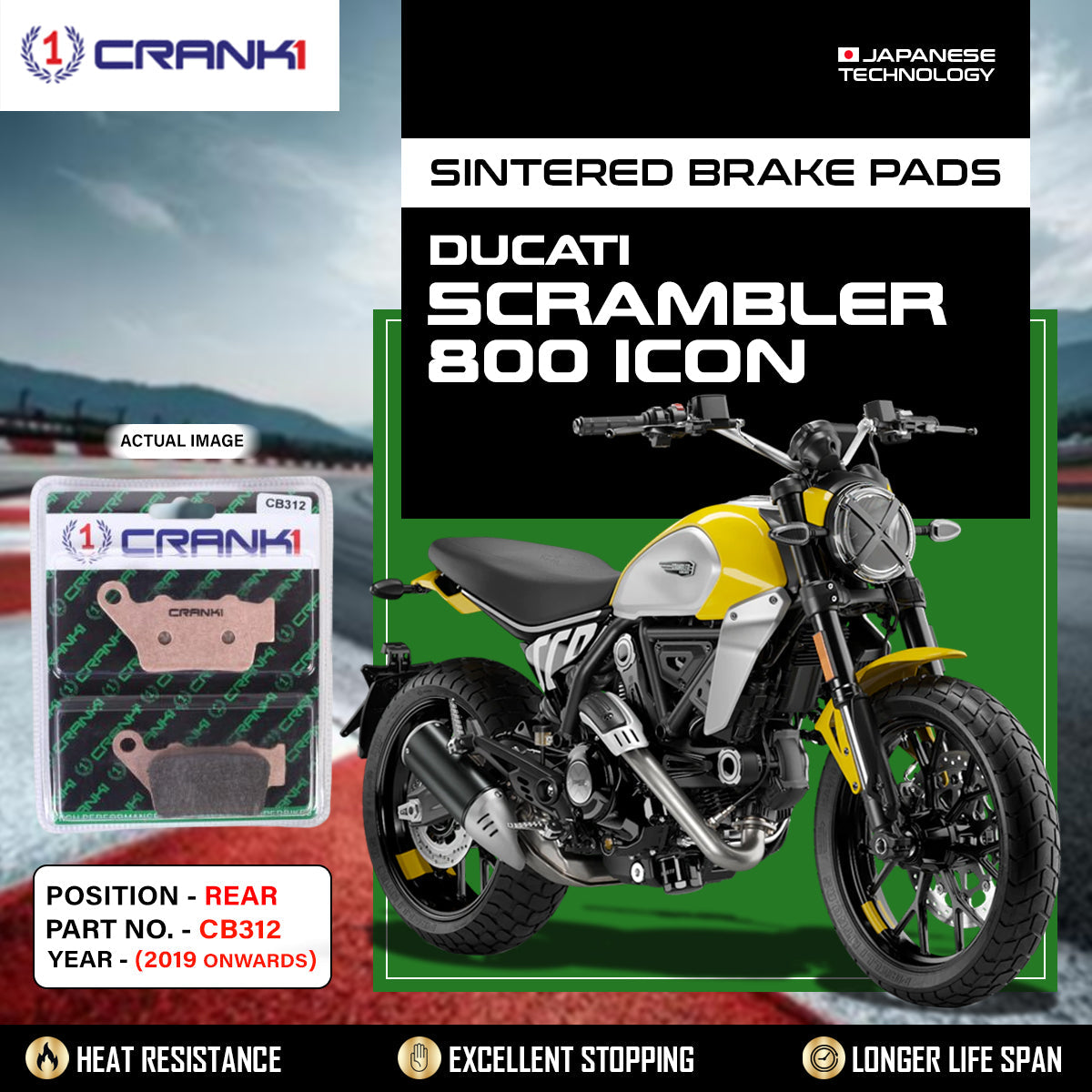 Crank1 Sintered Brake Pads For Ducati Scrambler 800 Icon (2023 Onwards) - Rear - CB312