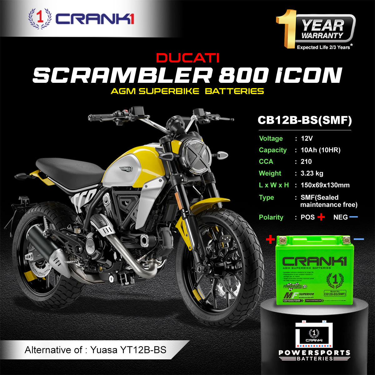 Crank1 Battery For Ducati Scrambler 800 Icon (2015-2025) - CB12B-BS - Factory Activated