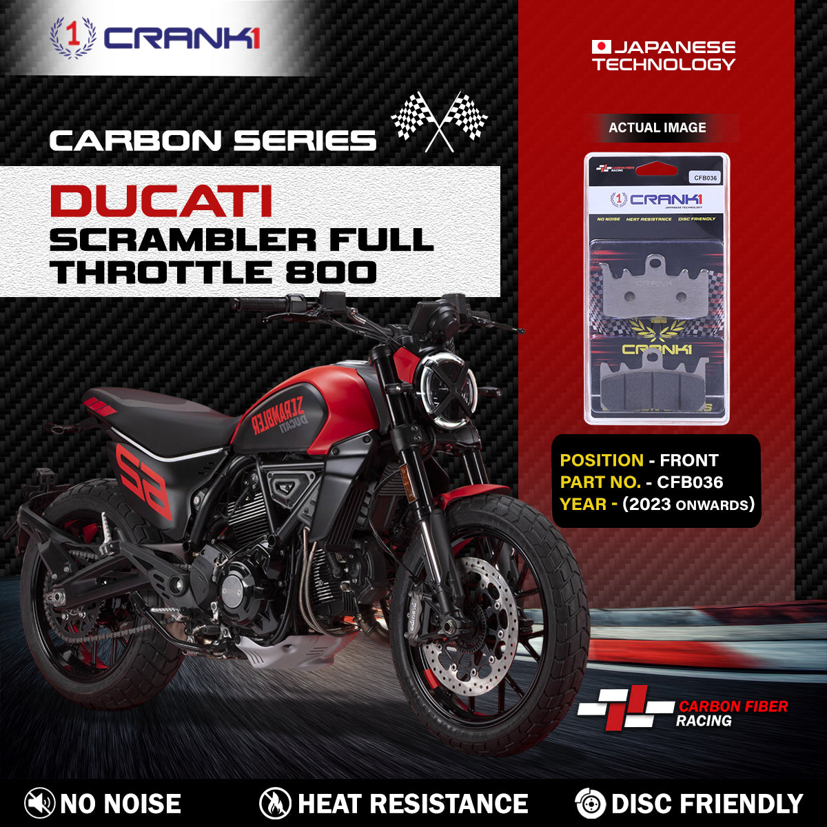 Crank1 Carbon Brake Pads For Ducati Scrambler Full Throttle 800 (2023 Onwards) - Front - CFB036 - 2 Sets