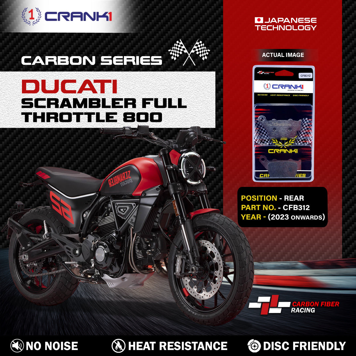 Crank1 Carbon Brake Pads For Ducati Scrambler Full Throttle 800 (2023 Onwards) - Rear - CFB312