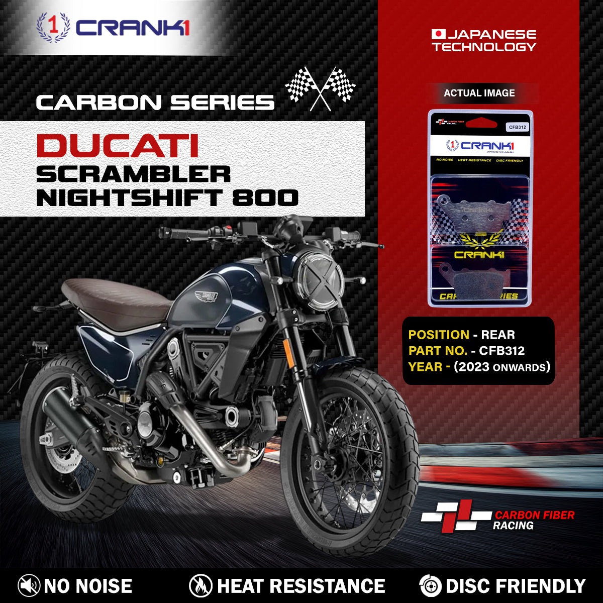 Crank1 Carbon Brake Pads For Ducati Scrambler Nightshift 800 (2023 Onwards) - Rear - CFB312