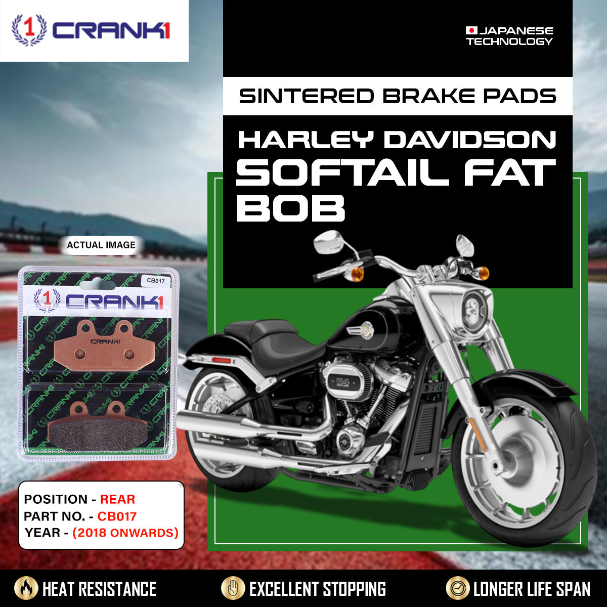 Crank1 Sintered Brake Pads For Harley Davidson Softail Fat Bob (2018 Onwards) - Rear - CB017